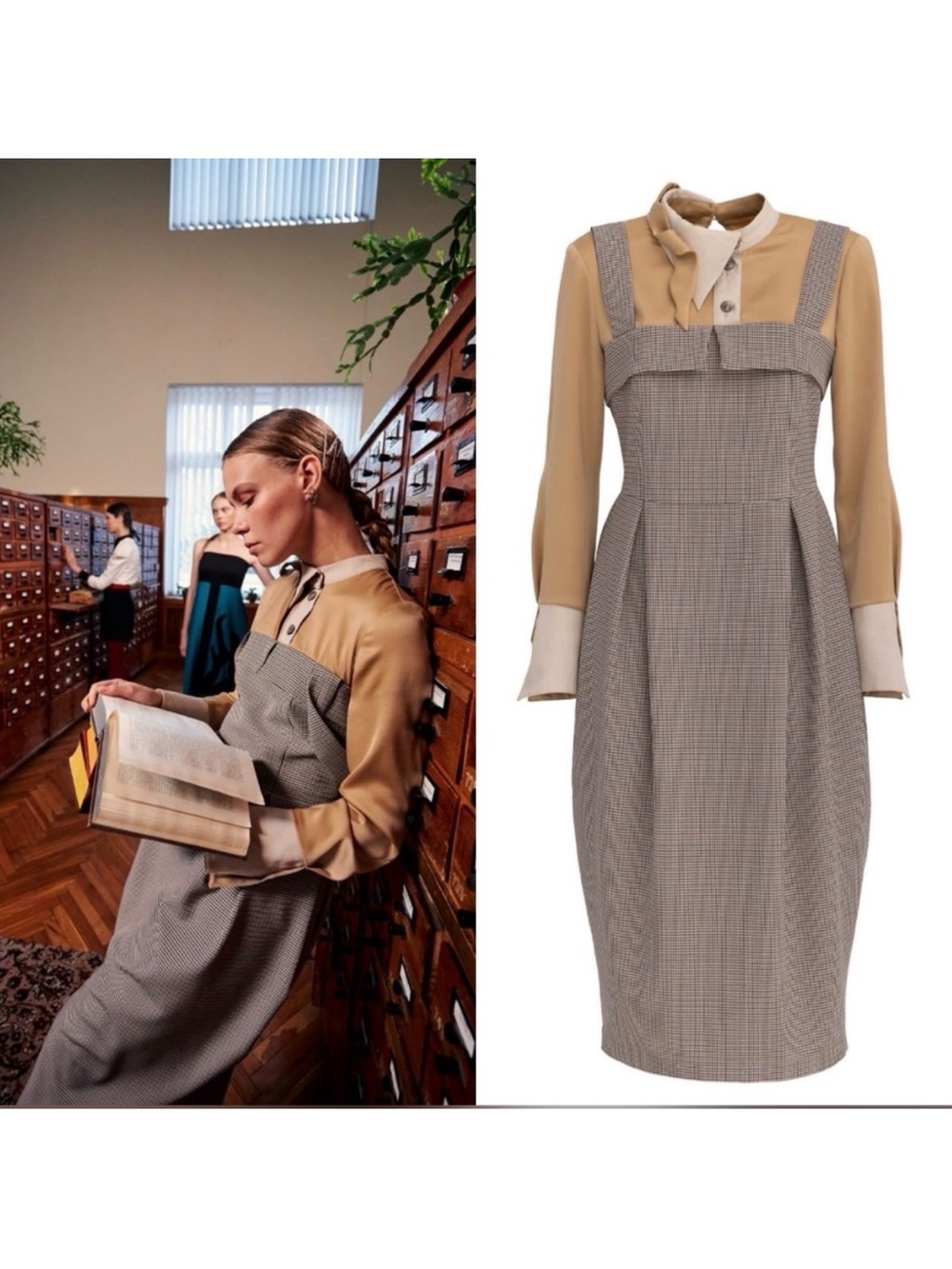 NWT Julia Allert Checked Pinafore Midi Dress with Camel Blouse XL